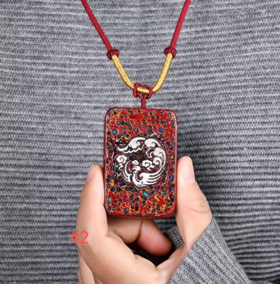 Peace Tablet Dragon Sterling Silver Rhinoceros Skin Lacquer Pendant | Multicolor Qipi Lacquer Rectangle Charm | Handcrafted Urushi Lacquerware Necklace