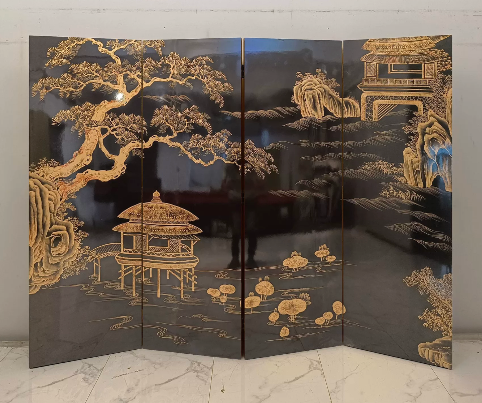 Advance sale-Classic Coromandel Wood Screen,Vintage Chinese Hand-Painted Lacquer Folding Screen, Landscape Art Partition for Entryway, Living Room & Hotel