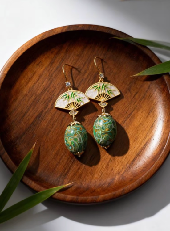 Fan & Jade Bead Rhinoceros Skin Lacquer Drop Earrings | Bamboo Motif Mother of Pearl | Handcrafted Urushi Lacquerware Statement Earrings