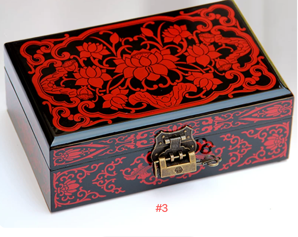 Red Watch and Jewelry Box | Black Lacquer Relief Pattern | Handcrafted Chinese Antique Keepsake Storage Box