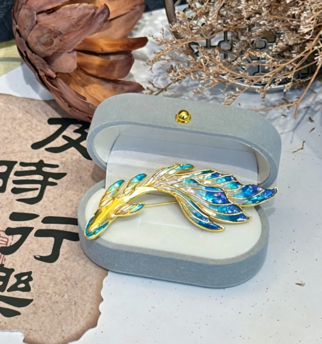 Koi Fish Mother of Pearl Brooch | Iridescent Blue & Gold Lacquer Scales | Handcrafted Chinese Lacquerware Pin