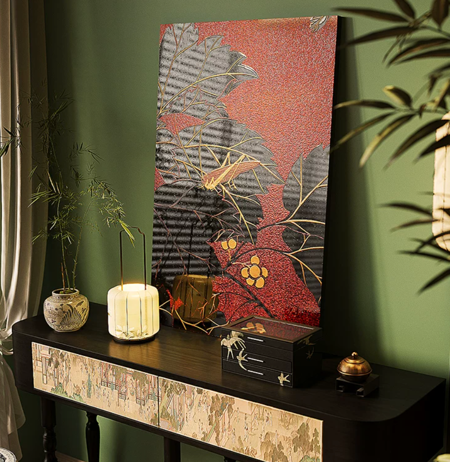 Advance-sale Mantis on Autumn Leaves Urushi Lacquer Wall Art | Hand-Painted Black & Red Japanese Botanical | Framed Lacquerware Wall Decor