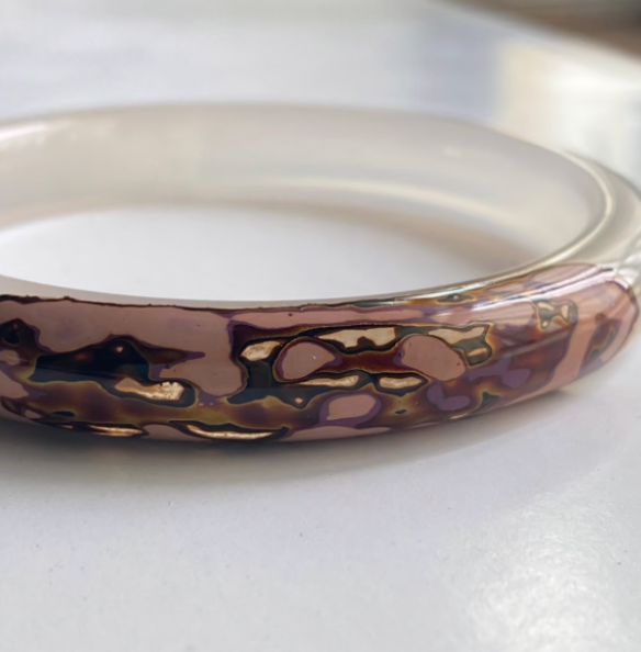 Agate & Urushi Lacquer Bangle | Blue Rhinoceros Skin Lacquer on White Stone | Handcrafted Chinese Lacquerware Bracelet