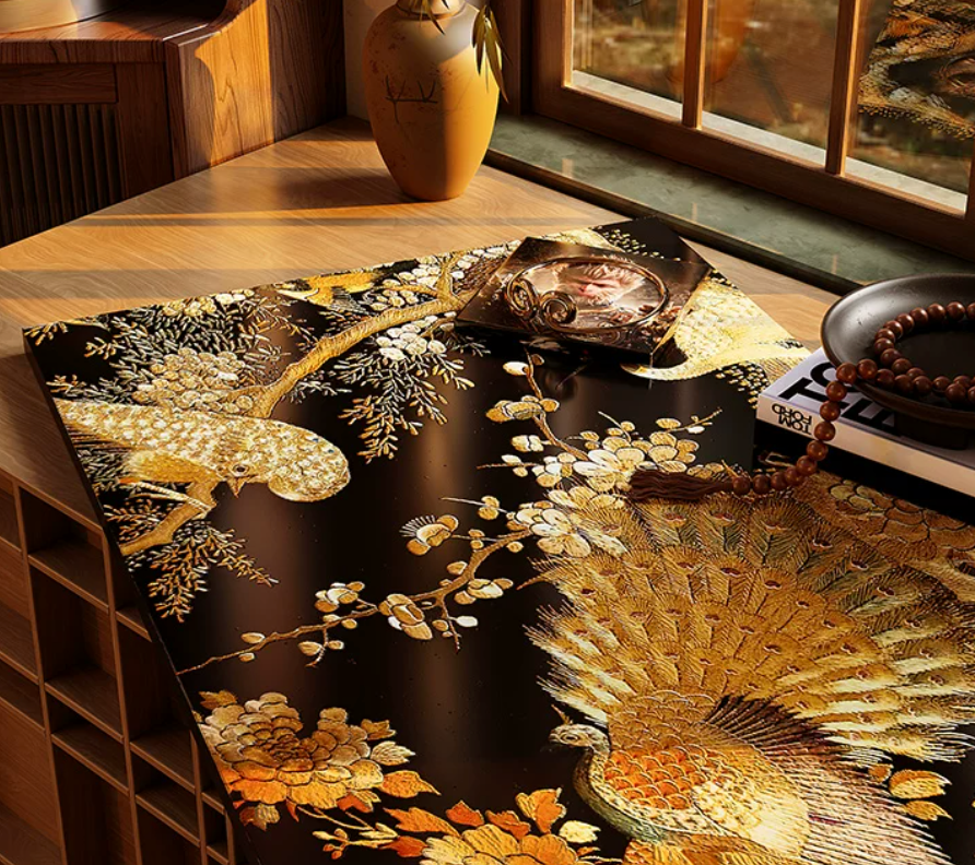 Advance-sale Golden Peacock Urushi Lacquer Wall Art | Hand-Painted Black & Gold Peony | Framed Chinese Lacquerware Wall Decor