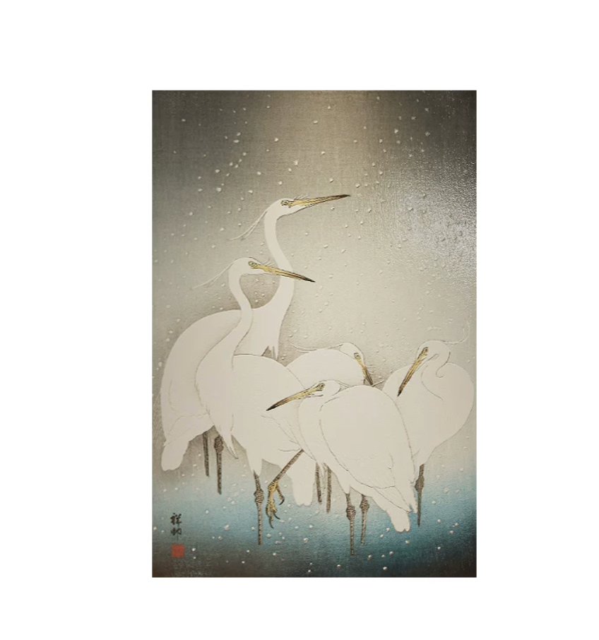 Advance-sale White Egret Urushi Lacquer Wall Art | Hand-Painted Wabi-Sabi Crane in Snow | Framed Japanese-Inspired Lacquerware Wall Decor