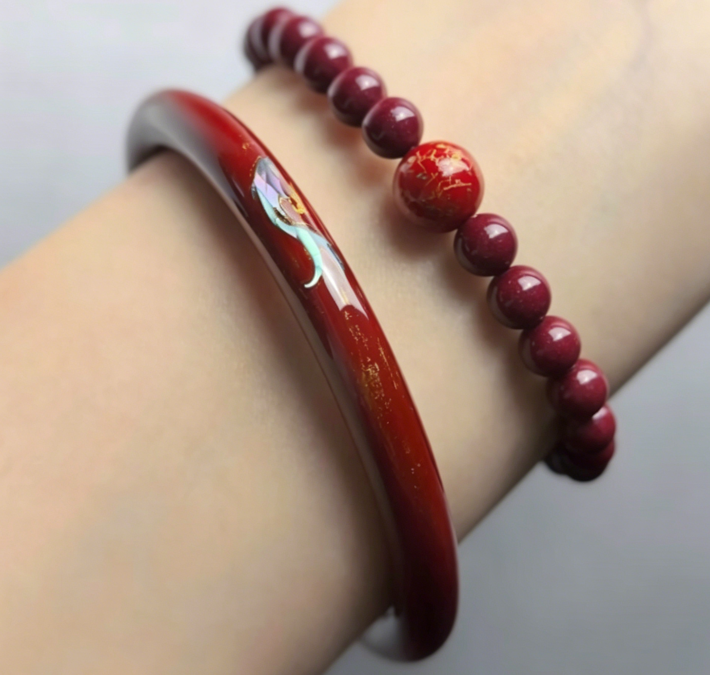 Koi Fish Mother of Pearl Lacquer Bangle | Vermillion Red Urushi Inlay | Handcrafted Chinese Lacquerware Bracelet