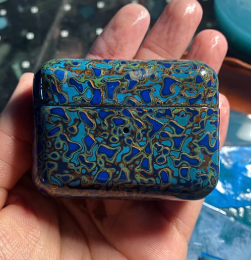 Advance-sale Rhinoceros Skin Lacquer AirPods Pro 2 Case | Swirling Blue & Gold Urushi | Handcrafted Qipi Lacquerware Cover