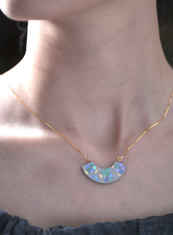 Plum Blossom Mother of Pearl Necklace | Iridescent Crescent Urushi Lacquer | Handcrafted 925 Silver Chinese Lacquerware Jewelry