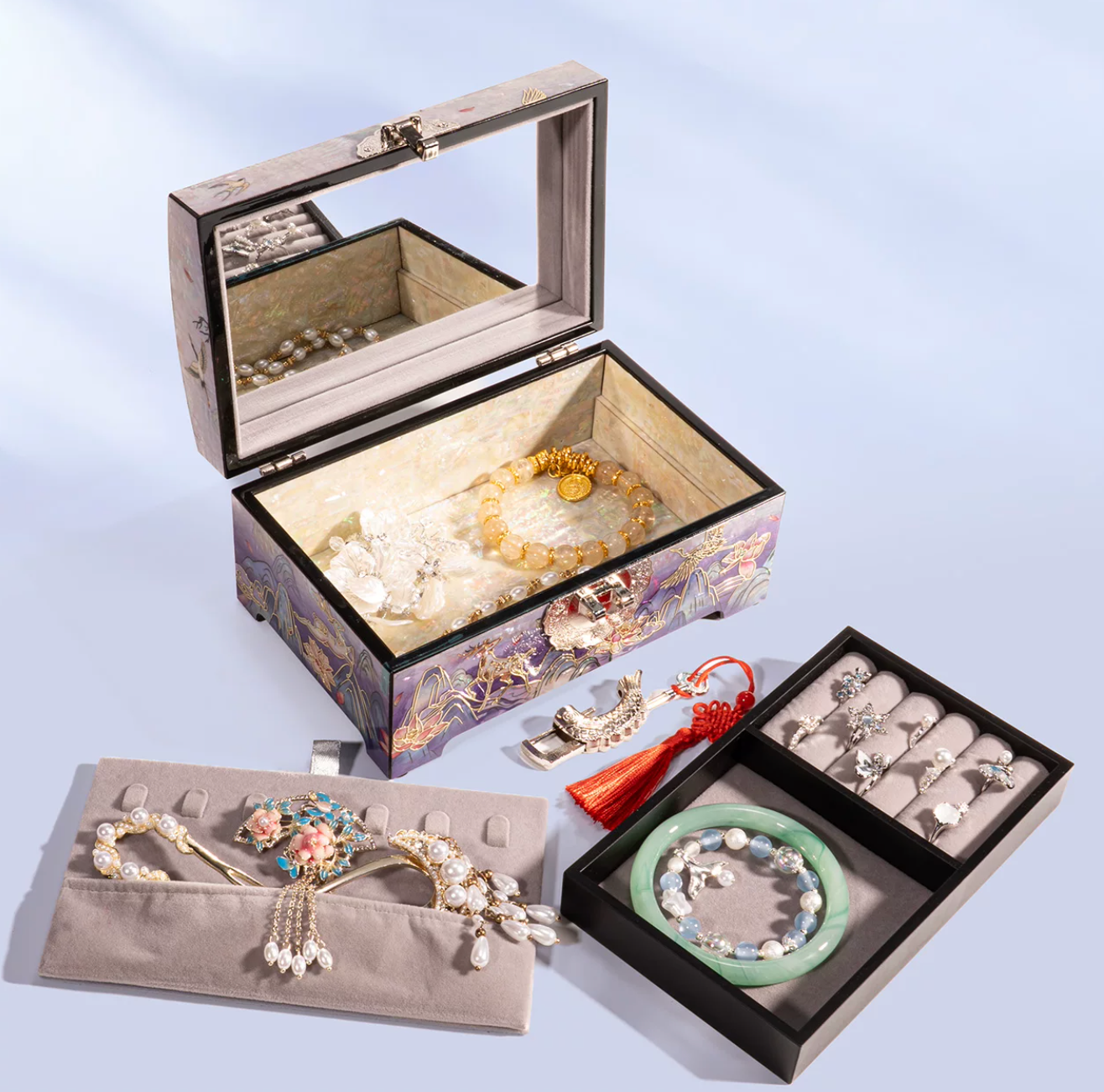 Mother of Pearl Lacquer Jewelry Box | Iridescent Chinese Deer Motif | Luxury Handcrafted Wedding Gift Storage Box