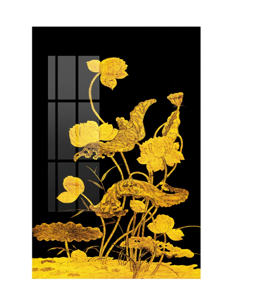 Advance -sale Gold Lotus Urushi Lacquer Wall Art | Hand-Painted Black & Gold Chinese Botanical | Framed Traditional Lacquerware Wall Decor