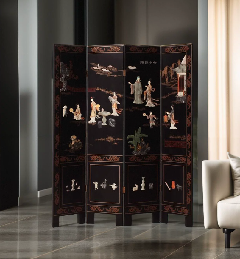 Advance sale-Classic Coromandel urushi Screen Bone & Stone Inlay Handmade Lacquer Room Divider Screen, Chinese Coromandel Wood Wall Decor
