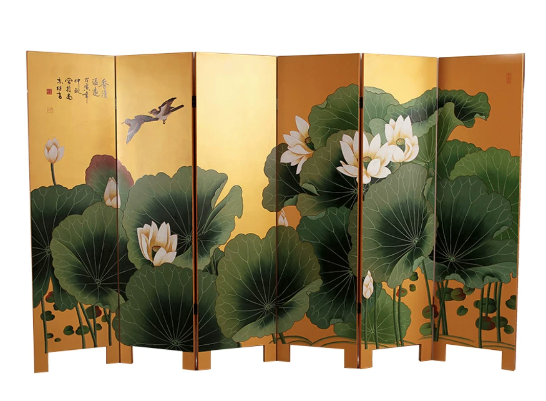 Advance sale-Classic Coromandel Wood Screen,Hand-Painted Lotus Folding Screen | 6-Panel Gold Lacquer Room Divider | Botanical Art