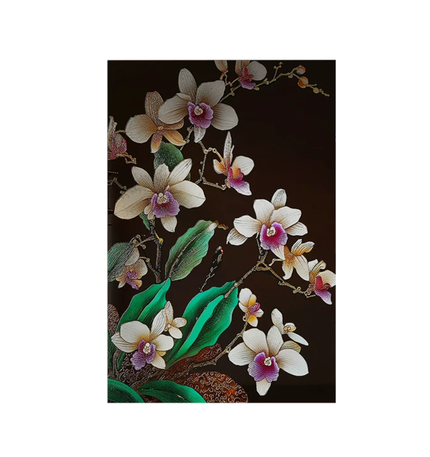 Advance-sale White Orchid Urushi Lacquer Wall Art | Hand-Painted Black & White Floral Botanical | Framed Chinese Lacquerware Wall Decor