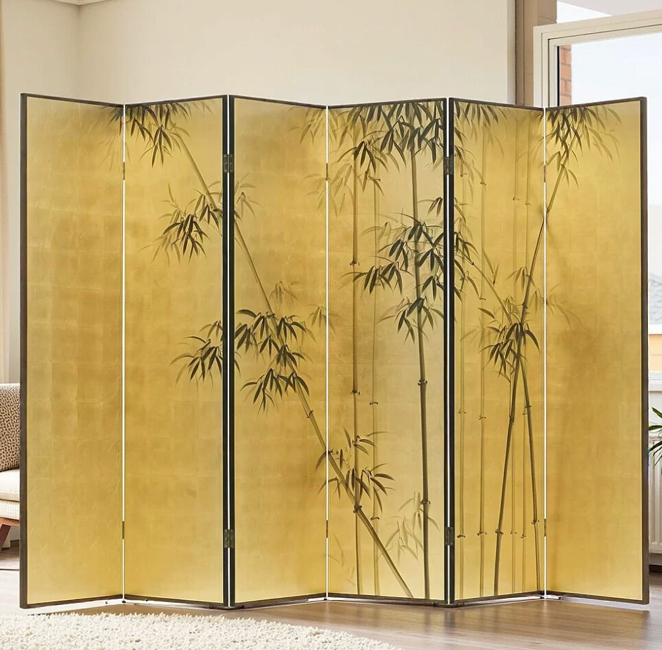 Advance sale-Classic Coromandel Wood Screen,New Chinese Style Folding Screen, Gold Foil Bamboo Painted Lacquer Art, Movable Room Divider Wall Decor for Living Room