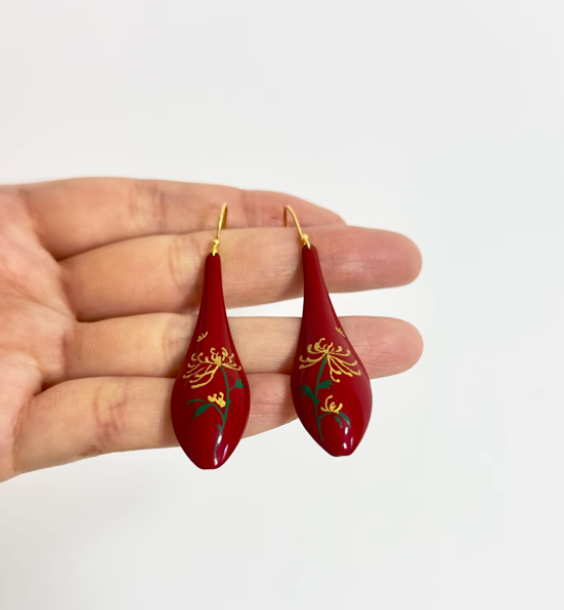 Chrysanthemum Teardrop Urushi Lacquer Drop Earrings | Gold Hand-Painted Vermillion Red | Handcrafted Chinese Lacquerware Jewelry