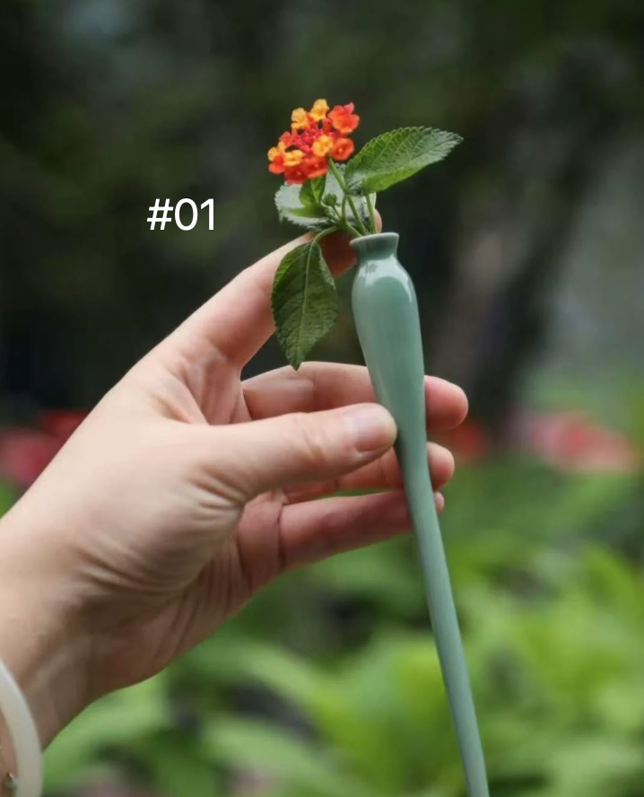 Wearable Mini Vase Hair Stick - Hair Pin for Fresh Flowers in Resin, Ebony Wood & Celadon Porcelain