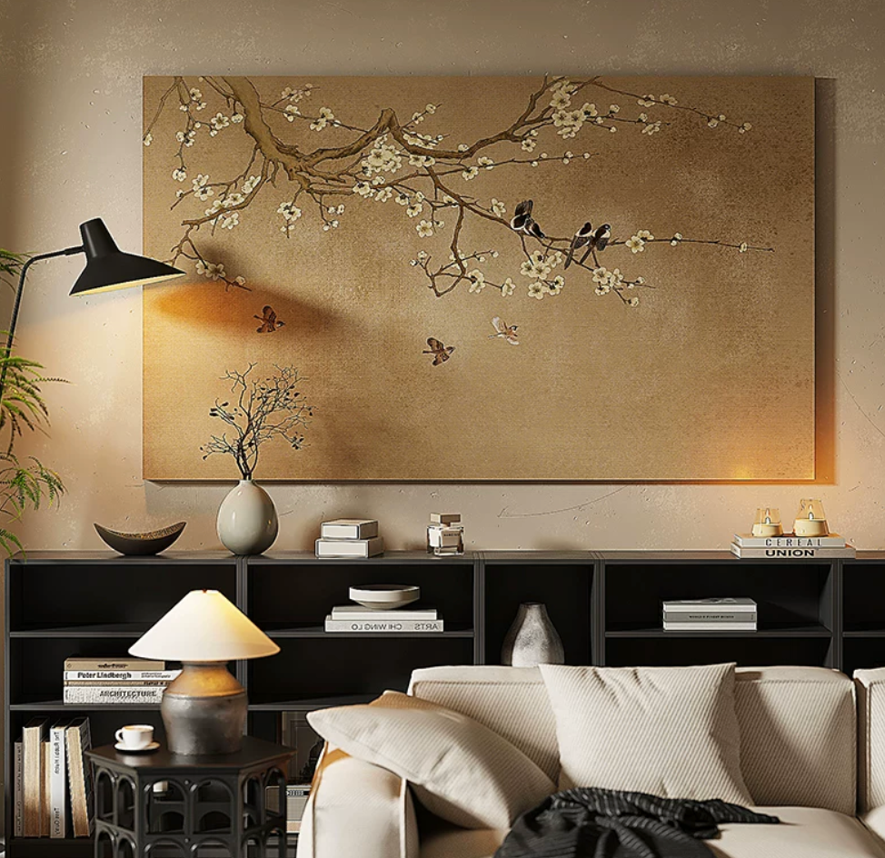 Advance-sale Magpie & Plum Blossom Urushi Lacquer Wall Art | Hand-Painted Gold & White Song Dynasty Style | Framed Chinese Lacquerware Wall Decor