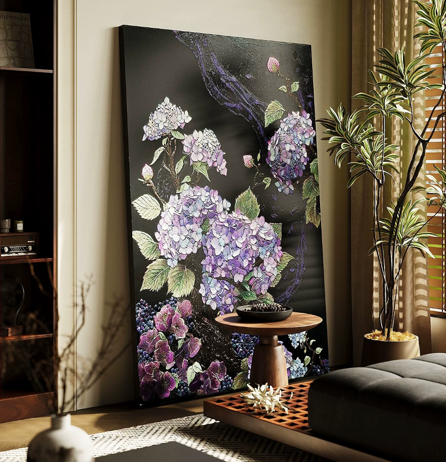Advance-sale Purple Hydrangea Urushi Lacquer Wall Art | Hand-Painted Black & Violet Floral Botanical | Framed Lacquerware Wall Decor