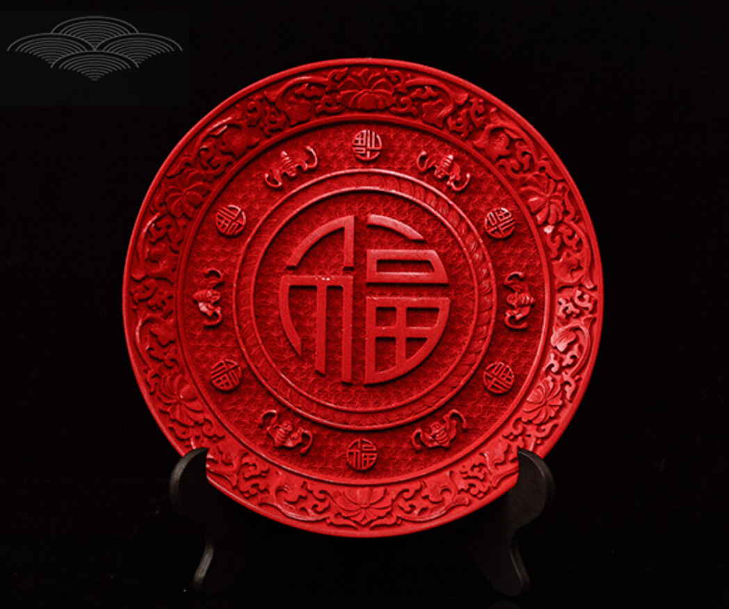 urushi carved lacquerware red decoration plate