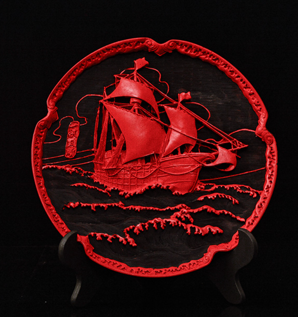 urushi carved lacquerware red decoration plate