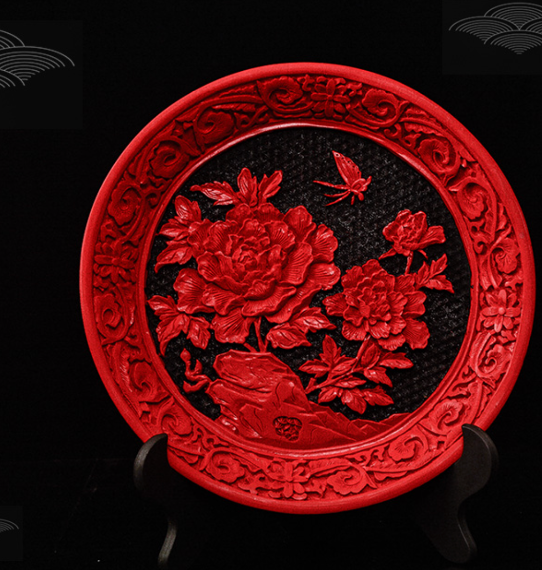 urushi carved lacquerware red decoration plate