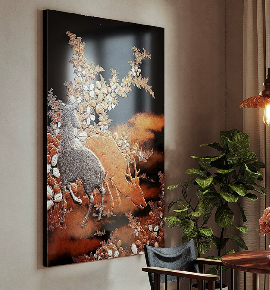 Advance-sale  White Deer Urushi Lacquer Wall Art | Hand-Painted Autumn Forest in Amber | Framed Chinese Lacquerware Wall Decor