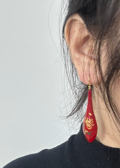 Chrysanthemum Teardrop Urushi Lacquer Drop Earrings | Gold Hand-Painted Vermillion Red | Handcrafted Chinese Lacquerware Jewelry