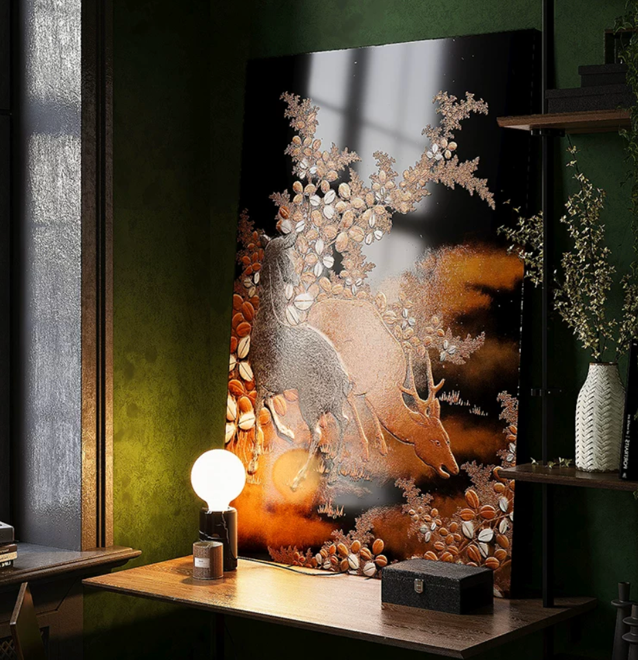 Advance-sale  White Deer Urushi Lacquer Wall Art | Hand-Painted Autumn Forest in Amber | Framed Chinese Lacquerware Wall Decor