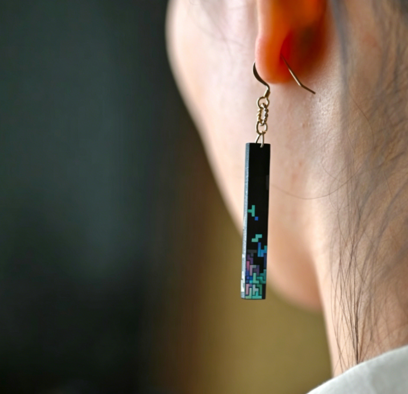Tetris Pixel Mother of Pearl Drop Earrings | Iridescent Lacquer Game Inspired | Handcrafted Urushi Lacquerware Jewelry