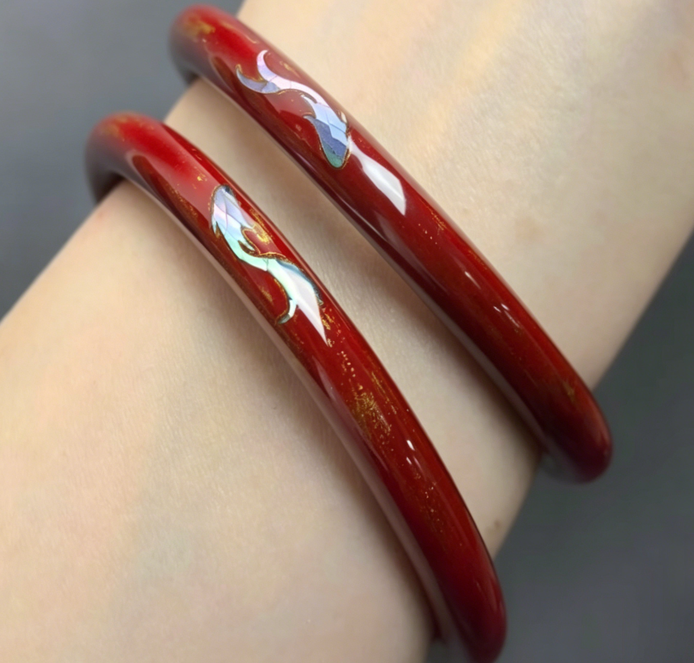 Koi Fish Mother of Pearl Lacquer Bangle | Vermillion Red Urushi Inlay | Handcrafted Chinese Lacquerware Bracelet
