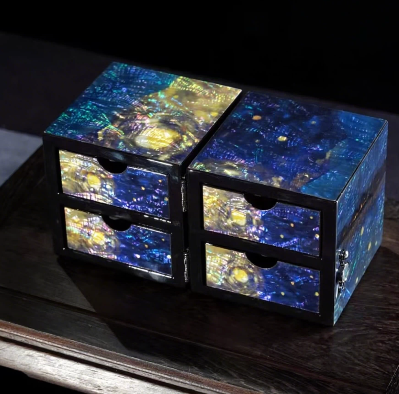 Starry Night Mother of Pearl Jewelry Box | Color-Shifting Iridescent Shell | Handcrafted Multi-Drawer Chinese Lacquerware Box