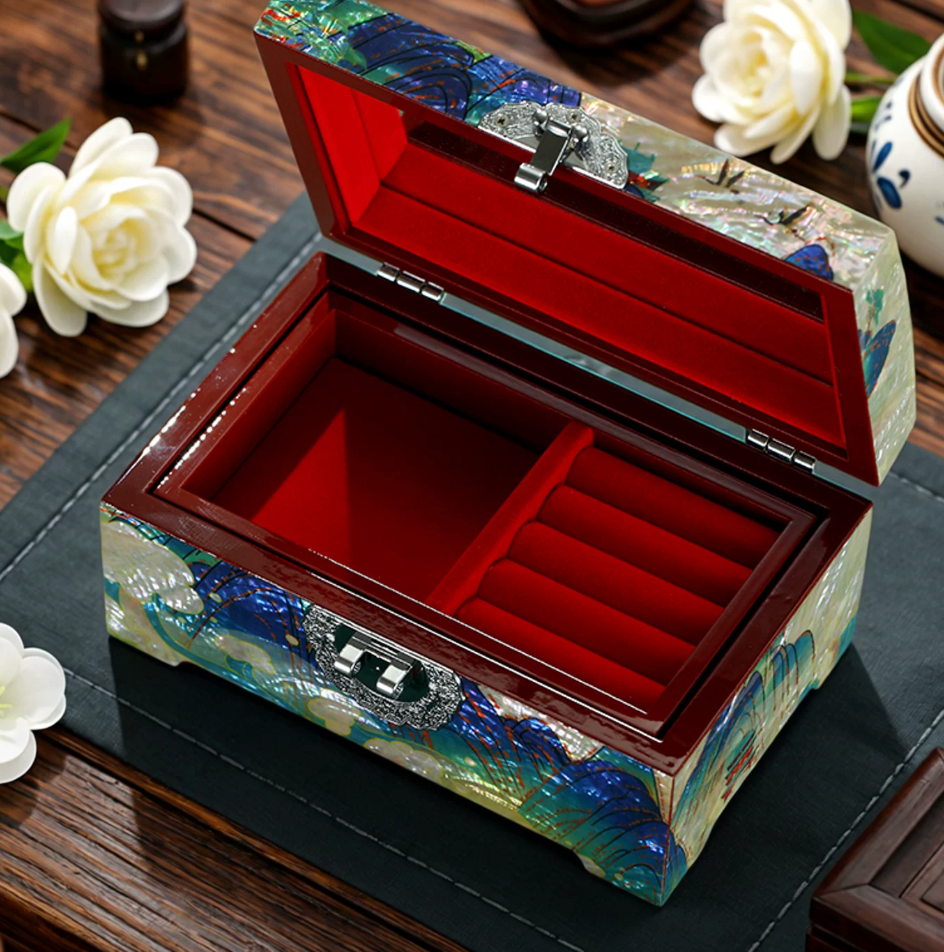 Nine-Color Deer Mother of Pearl Jewelry Box | Iridescent Shell Inlay Chinese Lacquerware | Handcrafted Wedding Birthday Gift Box