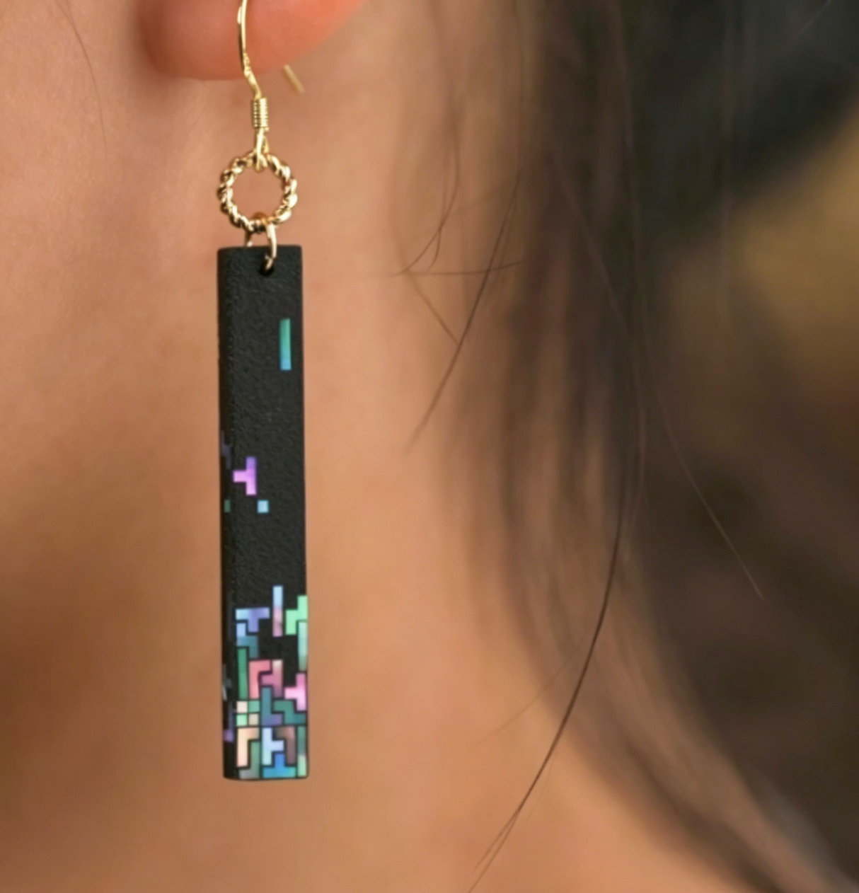 Tetris Pixel Mother of Pearl Drop Earrings | Iridescent Lacquer Game Inspired | Handcrafted Urushi Lacquerware Jewelry