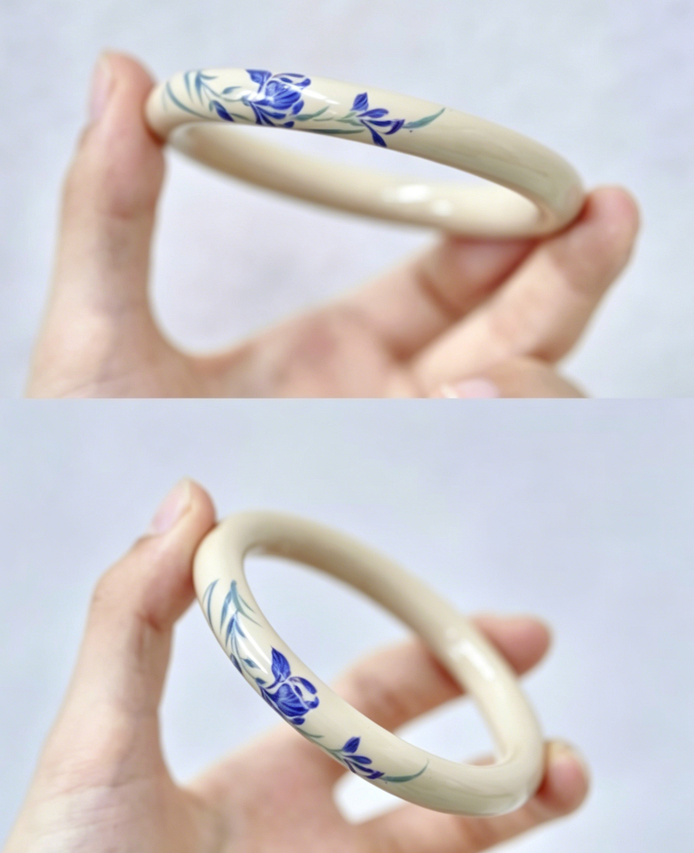 Iris Flower Urushi Lacquer Bangle | Blue & Ivory Hand-Painted Floral | Handcrafted Chinese Lacquerware Bracelet