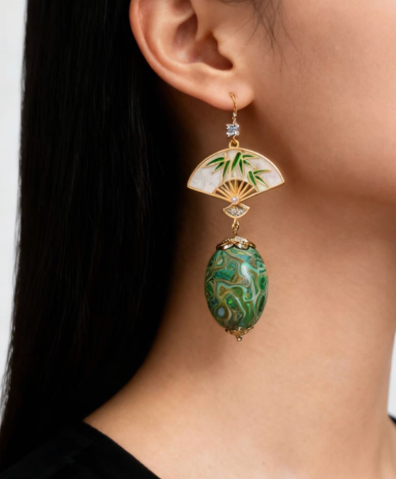 Fan & Jade Bead Rhinoceros Skin Lacquer Drop Earrings | Bamboo Motif Mother of Pearl | Handcrafted Urushi Lacquerware Statement Earrings
