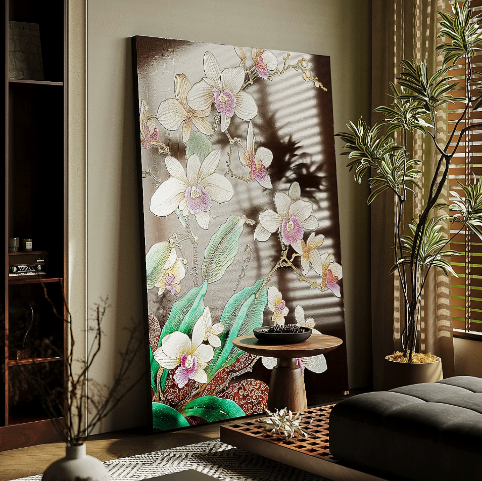 Advance-sale White Orchid Urushi Lacquer Wall Art | Hand-Painted Black & White Floral Botanical | Framed Chinese Lacquerware Wall Decor