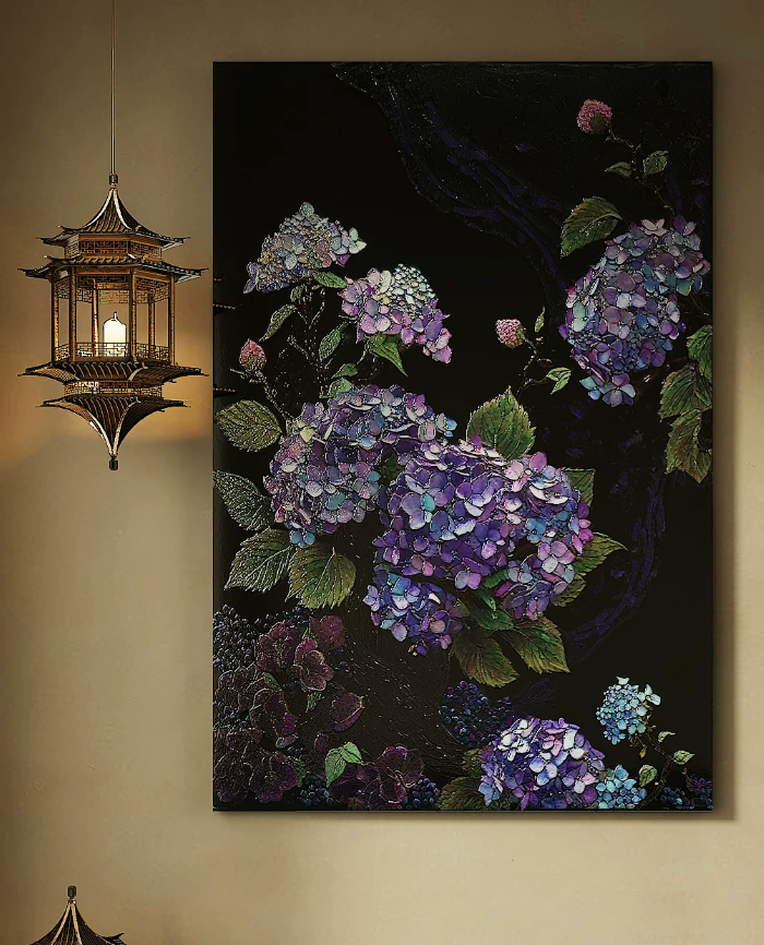 Advance-sale Purple Hydrangea Urushi Lacquer Wall Art | Hand-Painted Black & Violet Floral Botanical | Framed Lacquerware Wall Decor