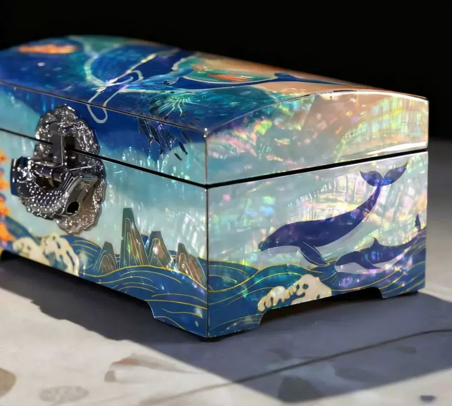 Blue Whale Mother of Pearl Jewelry Box | Full-Inlay Iridescent Lacquerware | Handcrafted Fantasy Ocean Keepsake Box