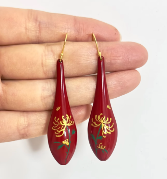 Chrysanthemum Teardrop Urushi Lacquer Drop Earrings | Gold Hand-Painted Vermillion Red | Handcrafted Chinese Lacquerware Jewelry