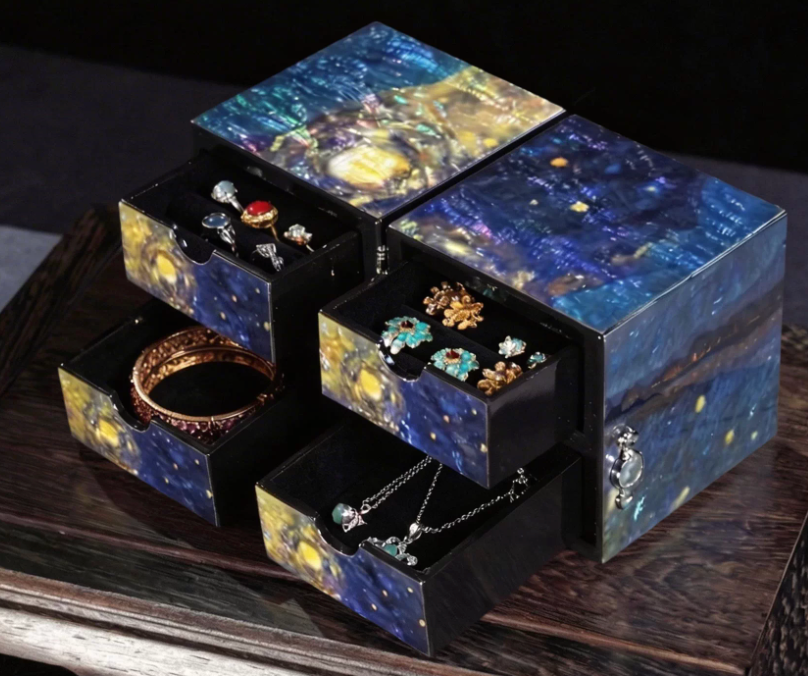 Starry Night Mother of Pearl Jewelry Box | Color-Shifting Iridescent Shell | Handcrafted Multi-Drawer Chinese Lacquerware Box