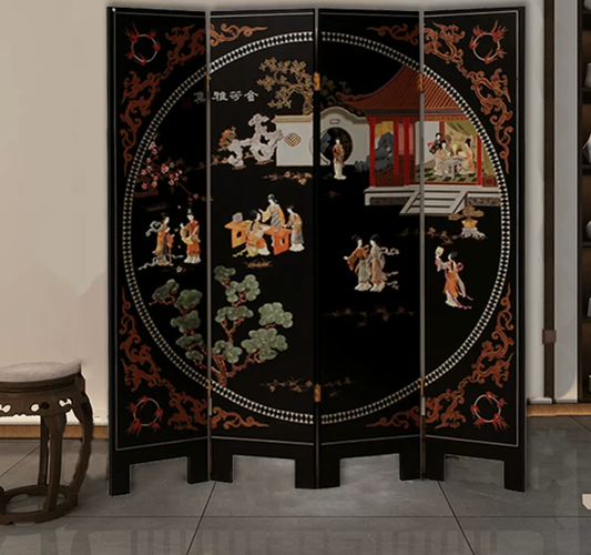 Advance sale-Classic Coromandel urushi Screen Bone & Stone Inlay Handmade Lacquer Room Divider Screen, Chinese Coromandel Wood Wall Decor