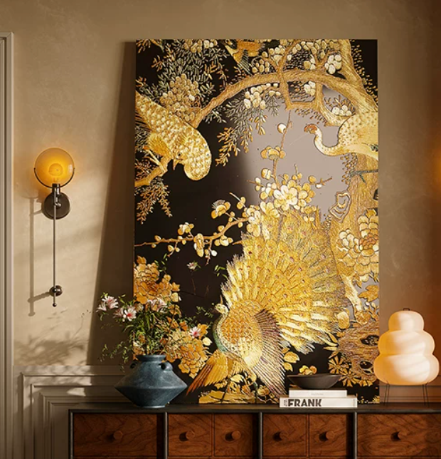 Advance-sale Golden Peacock Urushi Lacquer Wall Art | Hand-Painted Black & Gold Peony | Framed Chinese Lacquerware Wall Decor