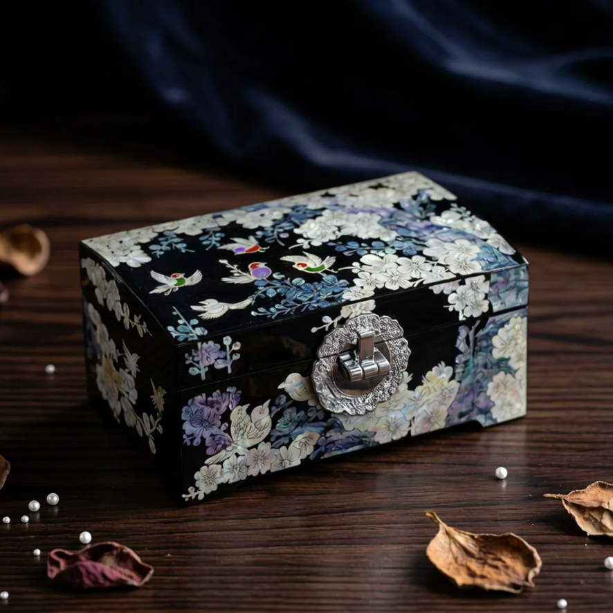 Black Lacquer Mother of Pearl Jewelry Box | Plum Blossom & Bird Inlay | Double-Layer Chinese Lacquerware Keepsake Box