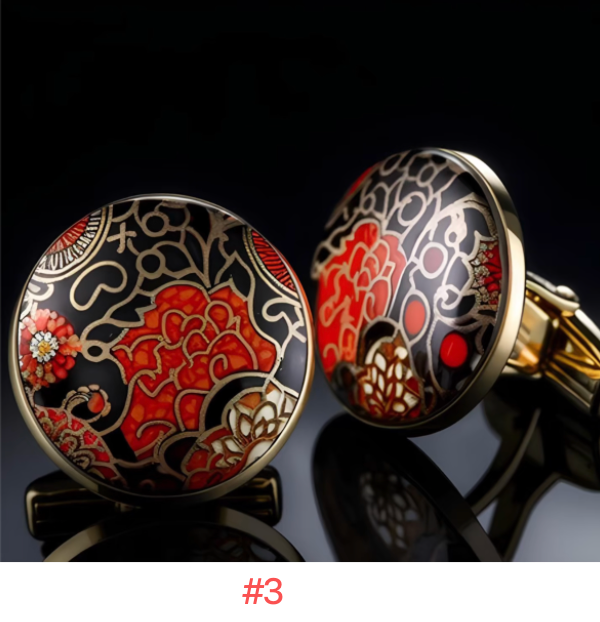 Advance-sale Urushi Lacquer Cufflinks | Red & Navy Abstract Landscape | Handcrafted Gold-Tone Chinese Lacquerware Cufflinks
