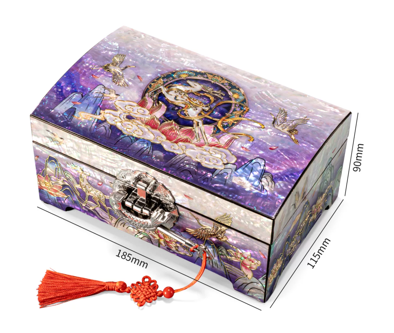 Mother of Pearl Lacquer Jewelry Box | Iridescent Chinese Deer Motif | Luxury Handcrafted Wedding Gift Storage Box