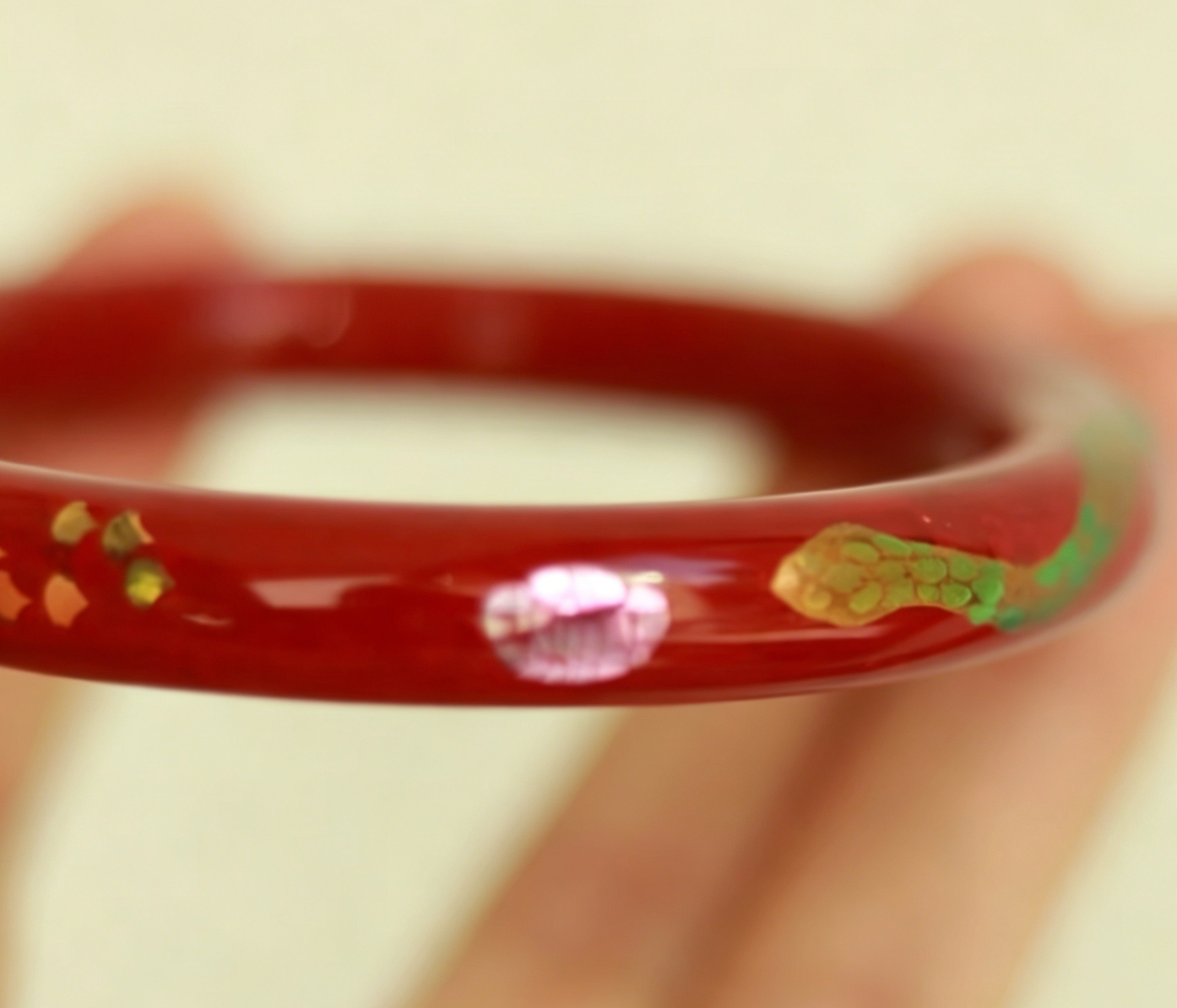 Green Snake Opal & Mother of Pearl Lacquer Bangle | Gold Hand-Painted Vermillion Urushi | Handcrafted Chinese Lacquerware Bracelet
