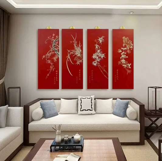 Advance sale-Classic Coromandel wall holding urushi Screen decor,Chinese Lacquer Wall Panels Set of 4 | Gold Hand-Painted Four Seasons Botanicals | Luxury Asian Wall Decor