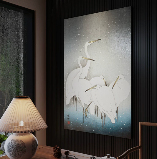 Advance-sale White Egret Urushi Lacquer Wall Art | Hand-Painted Wabi-Sabi Crane in Snow | Framed Japanese-Inspired Lacquerware Wall Decor