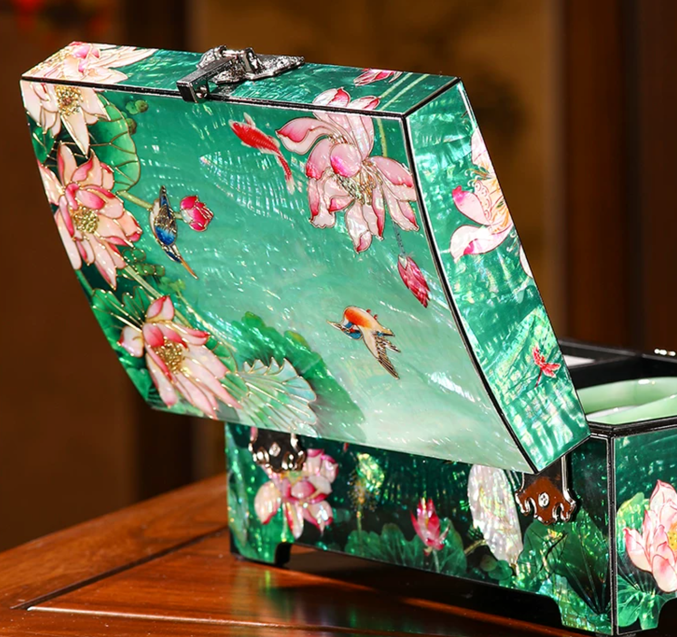 Lotus & Crane Mother of Pearl Jewelry Box | Double-Door Chinese Lacquerware | Handcrafted Emerald Green Floral Inlay Keepsake Box