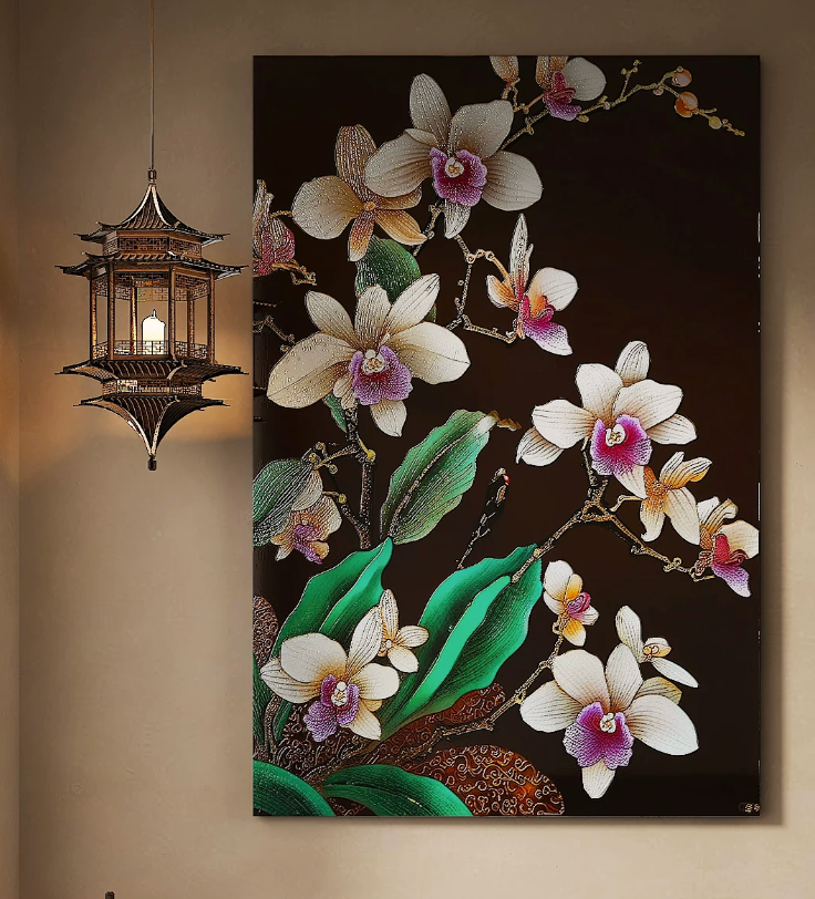Advance-sale White Orchid Urushi Lacquer Wall Art | Hand-Painted Black & White Floral Botanical | Framed Chinese Lacquerware Wall Decor